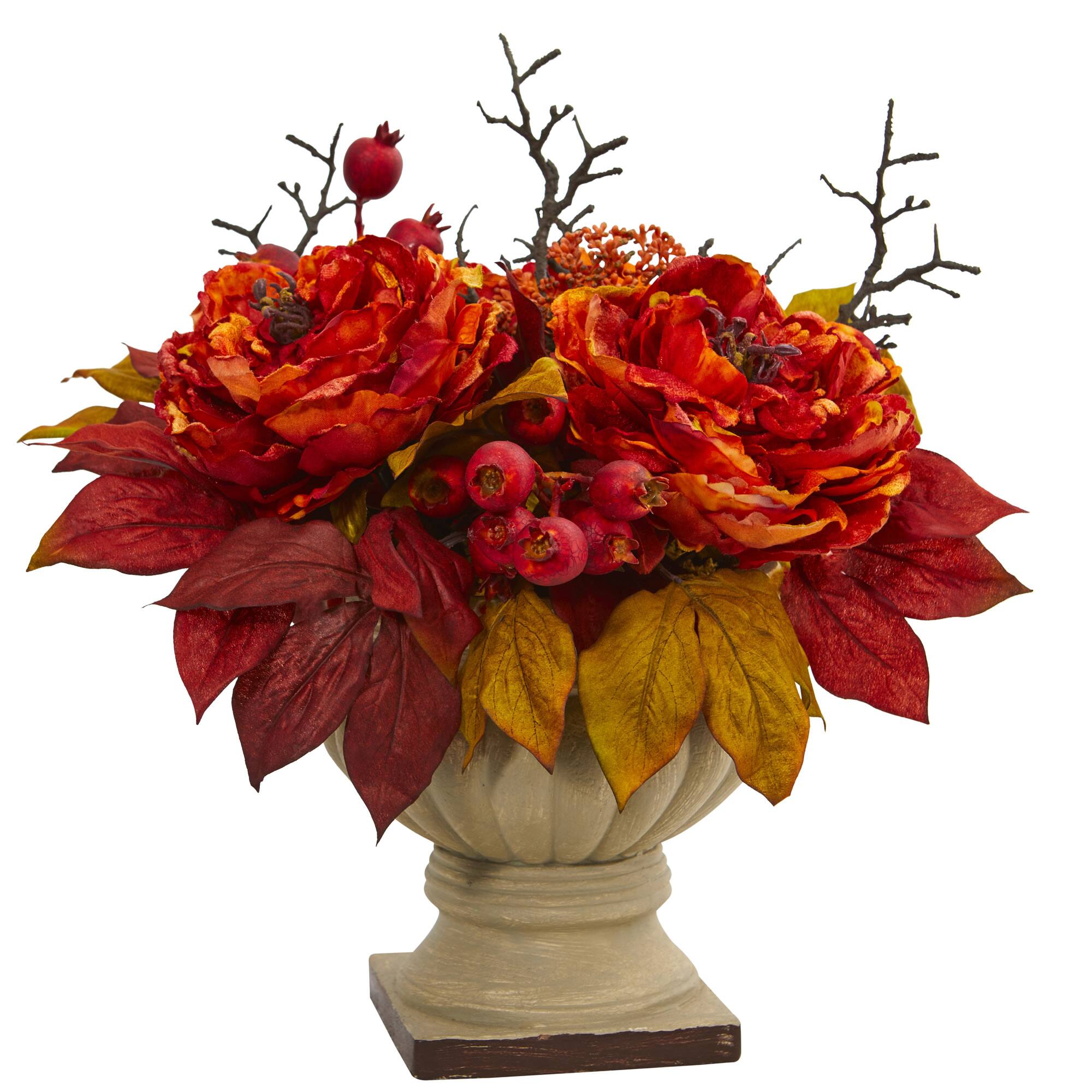15" Peony & Sedum Arrangement in Decorative Planter
